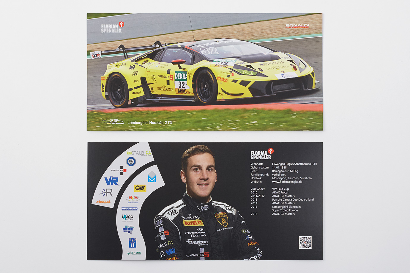 Vorder- und Rückseite der Autogrammkarte des Rennfahrers Florian Spengler