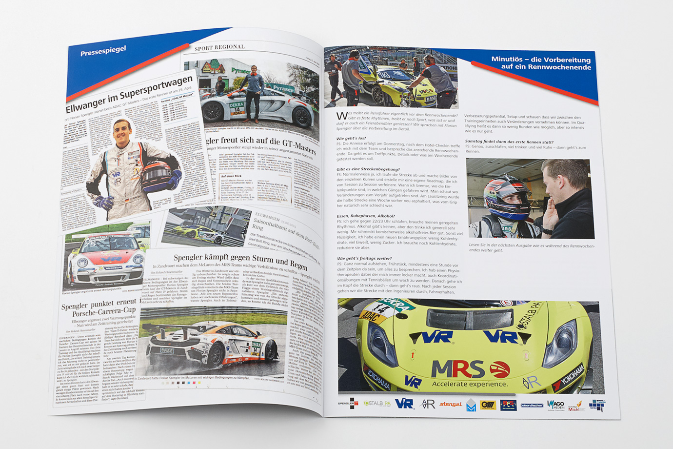 Doppelseite eines Newsletters für den Rennfahrer Florian Spengler