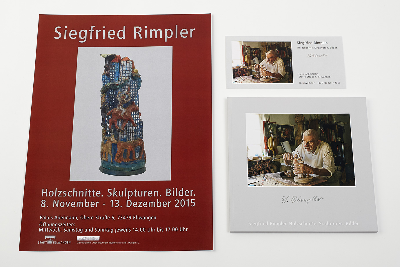 Siegfried Rimpler. Ausstellung: Holzschnitte. Skulpturen. Bilder. Gestaltung Plakat, Einladung, Katalog.